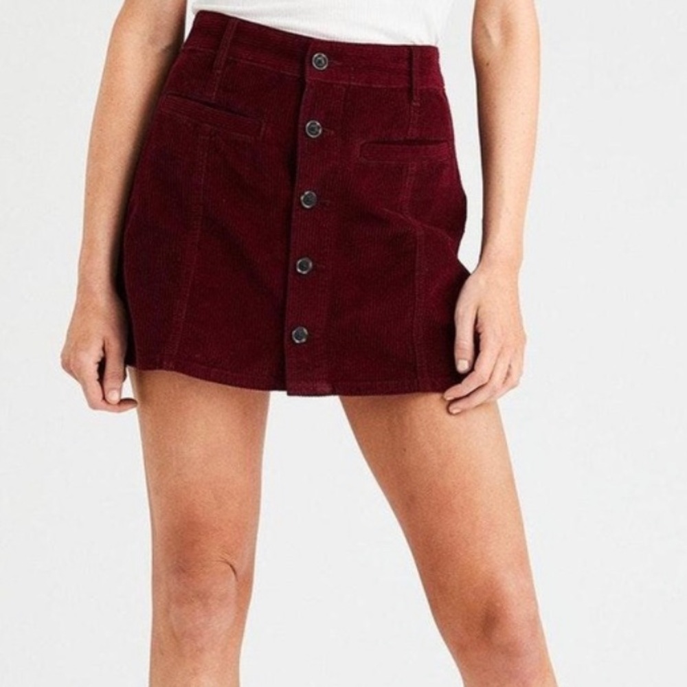 Maroon American Eagle Corduroy Button Up Skirt